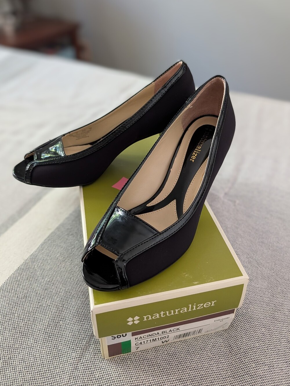 Naturalizer Black Peep-Toe Wedge Heels with Patent Trim - Picture 1 of 2
